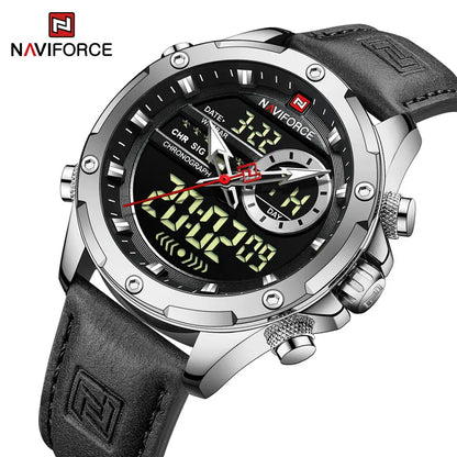 NAVIFORCE 9208 Top Quality Mens Leather Strap Multi Function Sports Quartz LED Digital Watch Dual Display Watch