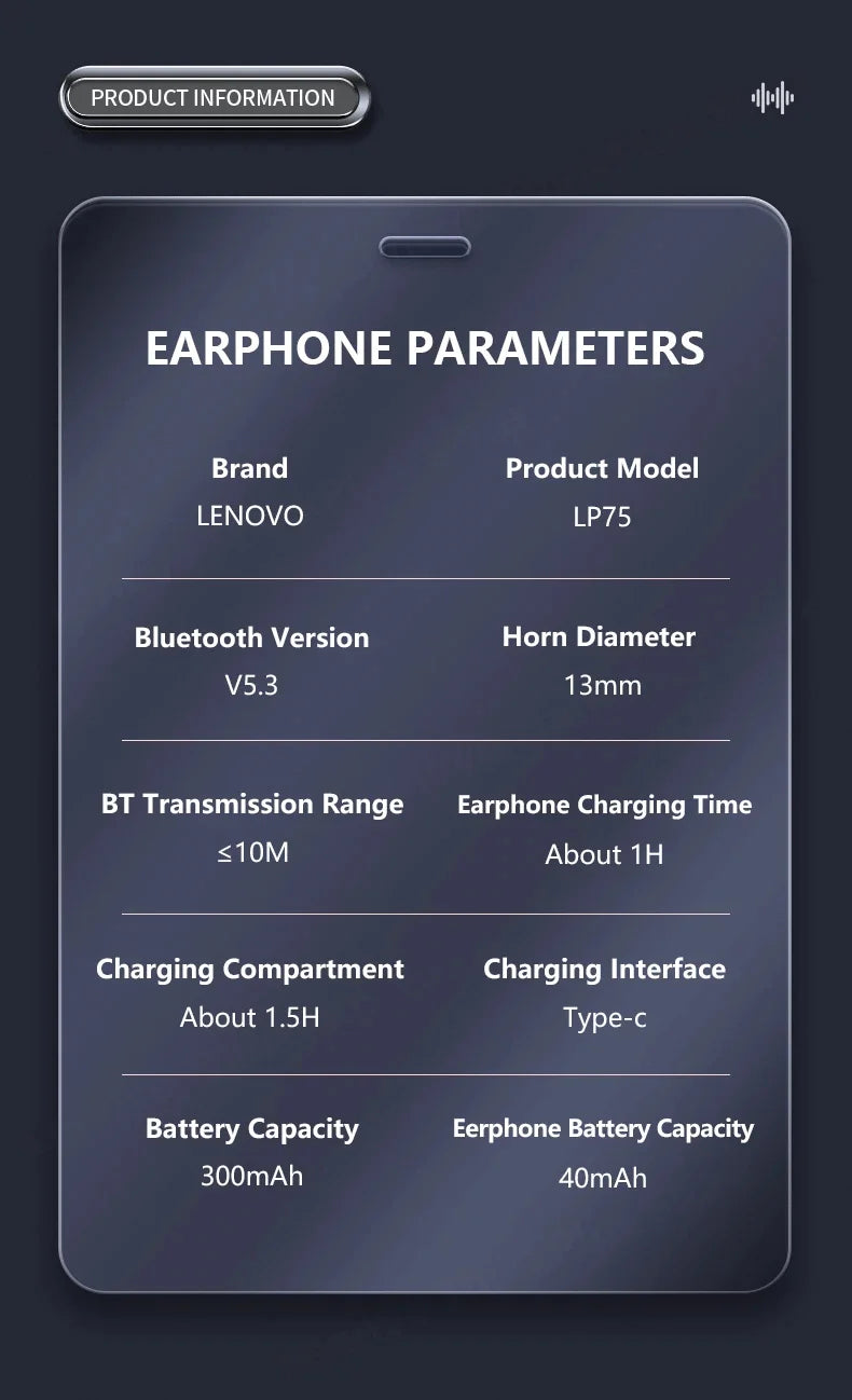 Lenovo LP75 Sports Wireless Earphones with Mics,Button Control, LED Power Display,Hifi Stereo Sound BT 5.3 TWS Headphones