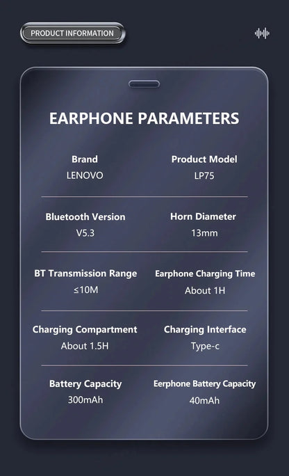 Lenovo LP75 Sports Wireless Earphones with Mics,Button Control, LED Power Display,Hifi Stereo Sound BT 5.3 TWS Headphones