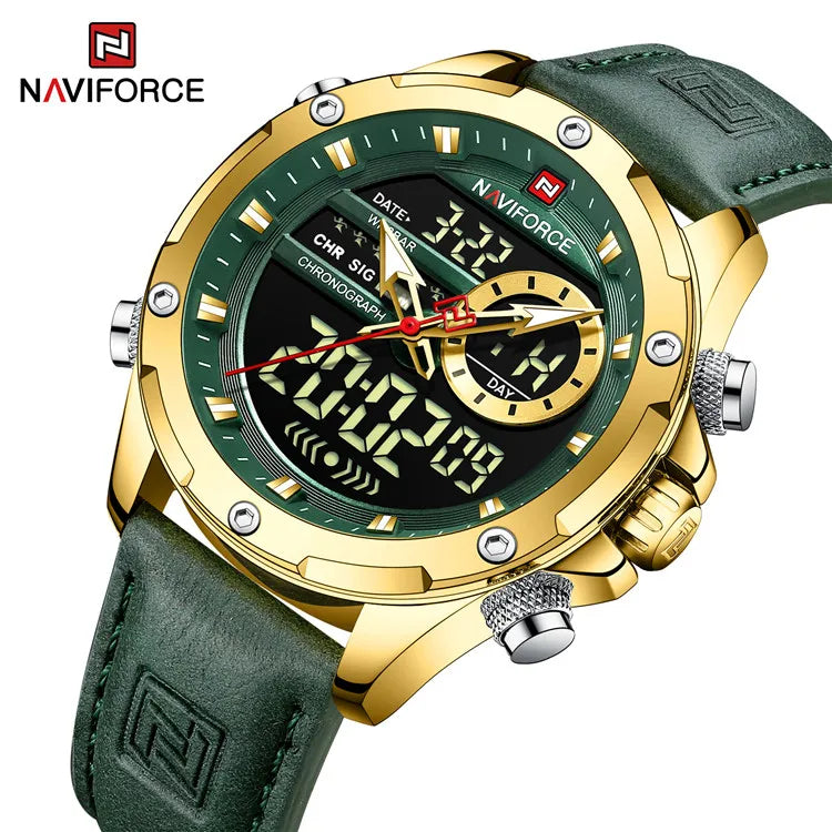 NAVIFORCE 9208 Top Quality Mens Leather Strap Multi Function Sports Quartz LED Digital Watch Dual Display Watch