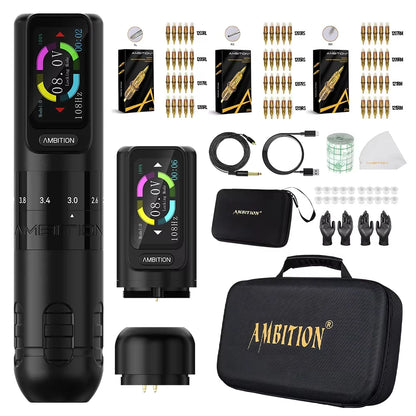 Ambition Seher 2400mAh Powerful Motor 2.2-4.2mm Adjustable Stroke Tattoo Gun Set Wireless Tattoo Machine Pen Complete Full Kit