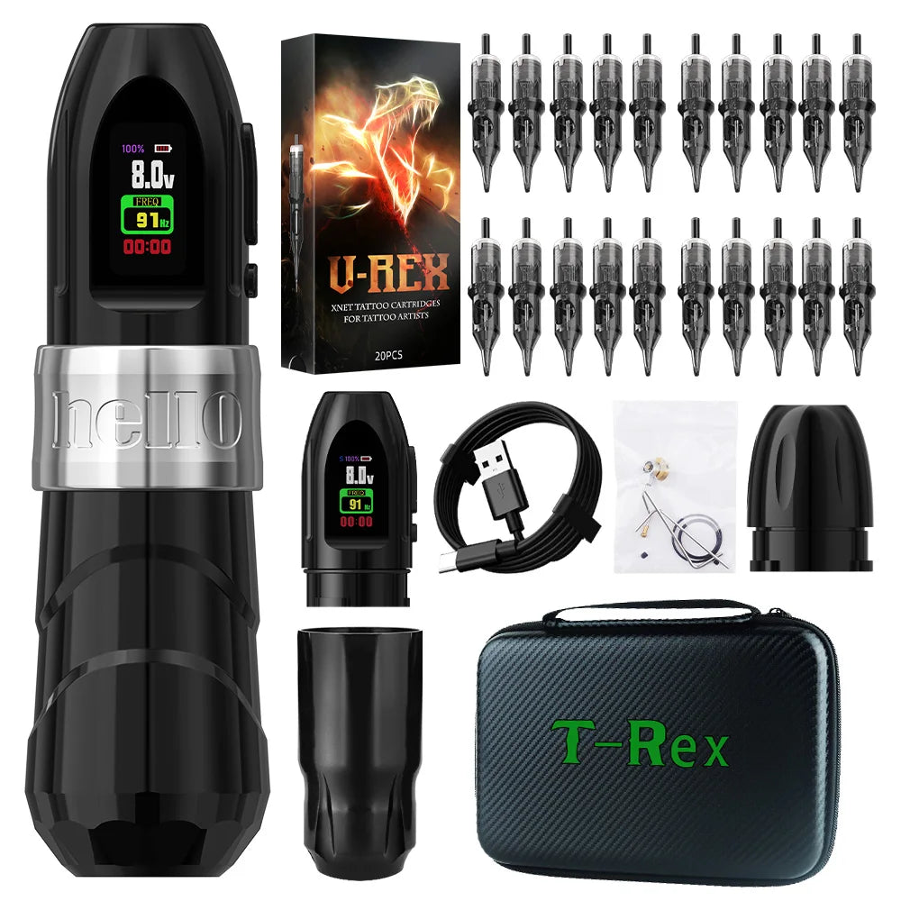 XNET 2400mAh Electric Tattoo Gun 4.0mm Stroke Professional Wireless Tattoo Pen Machine Kit with 20pcs Cartridge Spare Grip