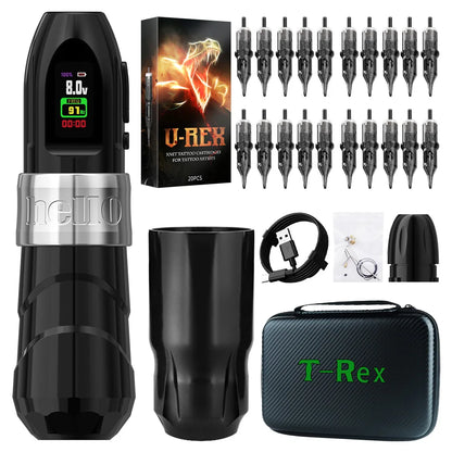 XNET 2400mAh Electric Tattoo Gun 4.0mm Stroke Professional Wireless Tattoo Pen Machine Kit with 20pcs Cartridge Spare Grip