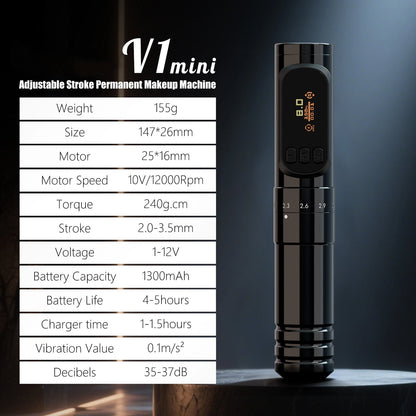 Ambition V1mini 2.0-3.5mm Adjustable Stroke Wireless Permanent Makeup Tattoo Pen Machine for Eyebrow Eyeliner Lip with 2 Battery