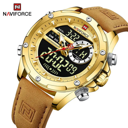 NAVIFORCE 9208 Top Quality Mens Leather Strap Multi Function Sports Quartz LED Digital Watch Dual Display Watch