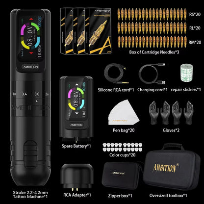 Ambition Seher 2400mAh Powerful Motor 2.2-4.2mm Adjustable Stroke Tattoo Gun Set Wireless Tattoo Machine Pen Complete Full Kit