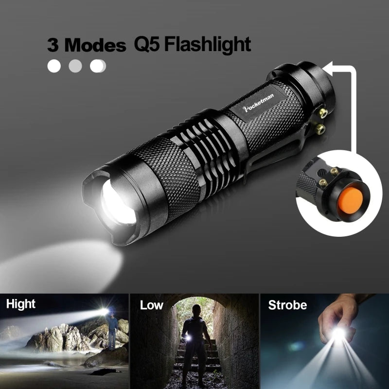 Portable Mini Q5 LED Flashlight Tactical Lamp LED Flashlight Adjustable Focus Zoomable Light for  Hiking Camping Power Outage