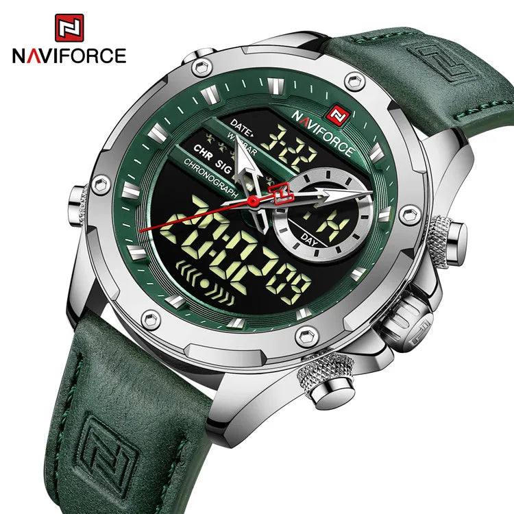 NAVIFORCE 9208 Top Quality Mens Leather Strap Multi Function Sports Quartz LED Digital Watch Dual Display Watch