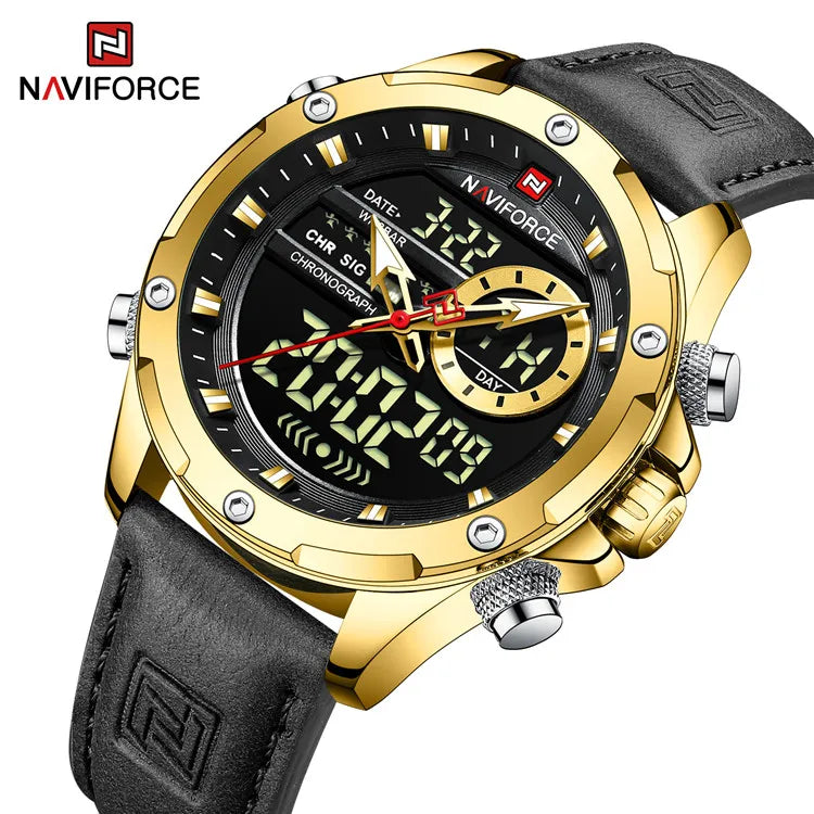 NAVIFORCE 9208 Top Quality Mens Leather Strap Multi Function Sports Quartz LED Digital Watch Dual Display Watch