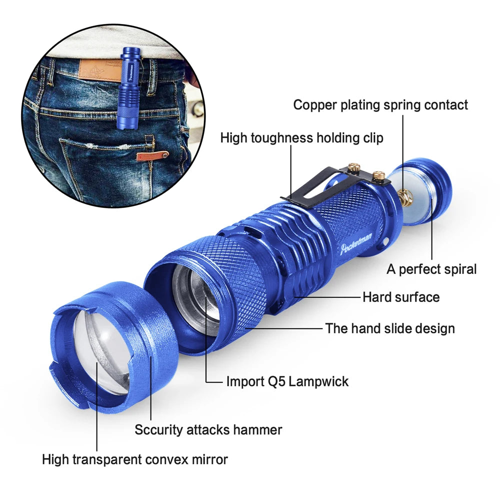 Portable Mini Q5 LED Flashlight Tactical Lamp LED Flashlight Adjustable Focus Zoomable Light for  Hiking Camping Power Outage