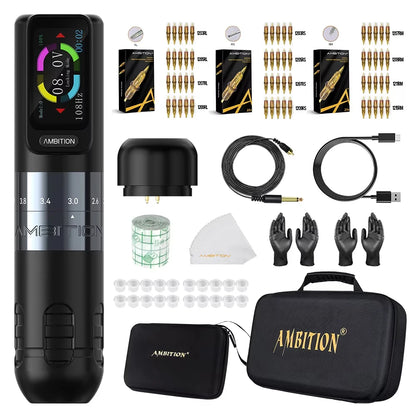 Ambition Seher 2400mAh Powerful Motor 2.2-4.2mm Adjustable Stroke Tattoo Gun Set Wireless Tattoo Machine Pen Complete Full Kit