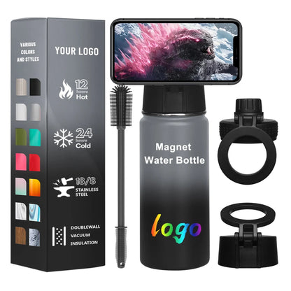 2024 Unique Magnet Water Bottle Design Logo Tripod Vacuum Thermos Flask Sports Magnet Water Bottle Phone Holder Travel Camping