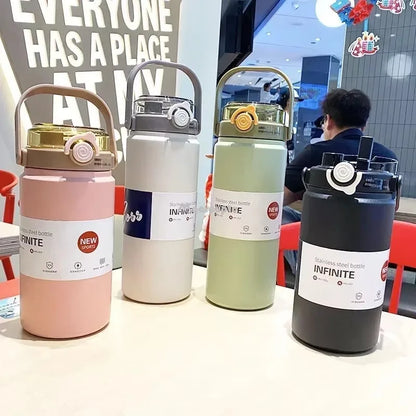 1.2L Large Capacity  Bottle with Straw Stainless Steel Double Drinking Straw Thermal Water Bottle Keep Cold and Hot Thermos Cup