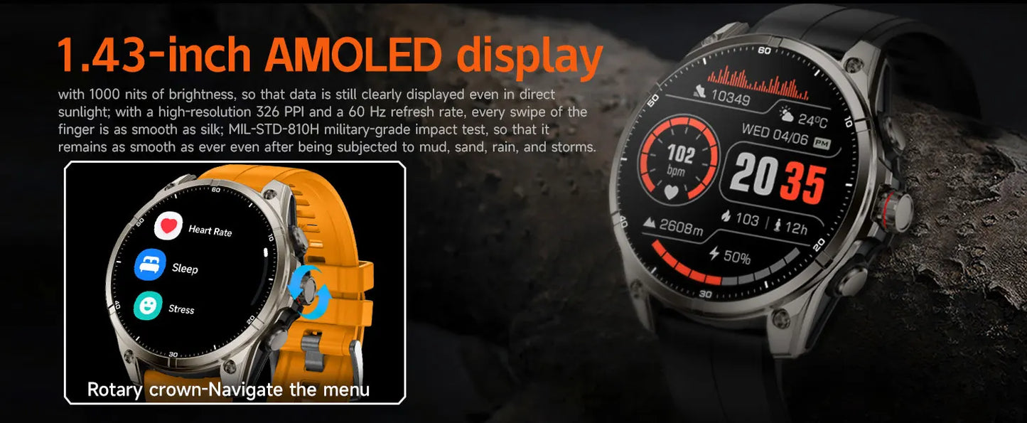 2025 New Premium GPS Smart Watches Outdoor Altimeter Barometer AMOLED Screen Built-in GPS Compass Military Sports Smartwatch Men