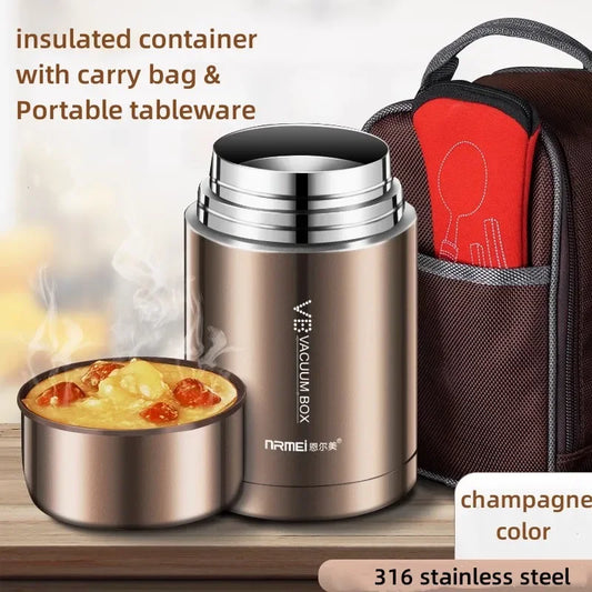 600/800/1000ml Food Thermos, 316 Stainless Steel Vacuum Insulated Food Jar With Spoon Kid Lunch Box with insulated carry bag
