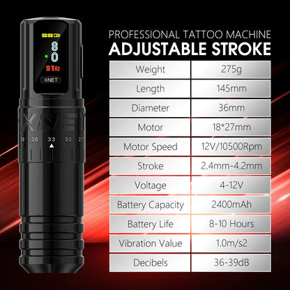 XNET Vipera Wireless Tattoo Machine Kit Adjustable Stroke 2.4-4.2mm OLED Display 60pcs Mixed Tattoo Cartridge for Tattoo Artists