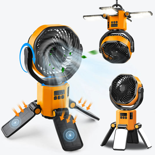 Eary Outdoor Camping Solar Fan 6000mAh Battery Powered Tent Camp Fan With Light 4 Speed Wind Adjustable Summer Air Cooling Fan