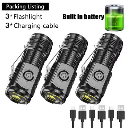 High Strong Power LED Flashlight Built-in Battery Type-C Rechargeable with Pen Clip Torch Outdoor Camping Emergency Lantern