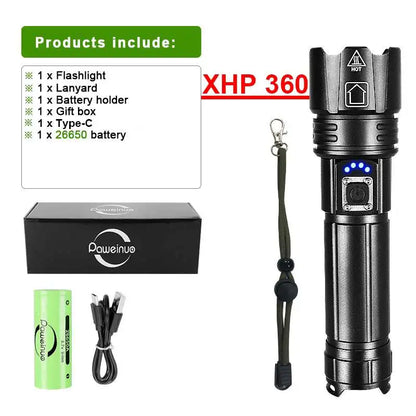 Most Powerful High Power Led flashlight 1000000LM XHP360 Rechargeable Led Flashlight Zoom Outdoor Tactical Lantern Hunting Torch