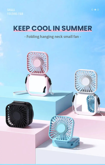 Handheld Portable Fan with Mirror, Mini Fan Small Personal Fan, 500mAh USB Rechargeable Neck Fan Foldable, Quiet Pocket Fan