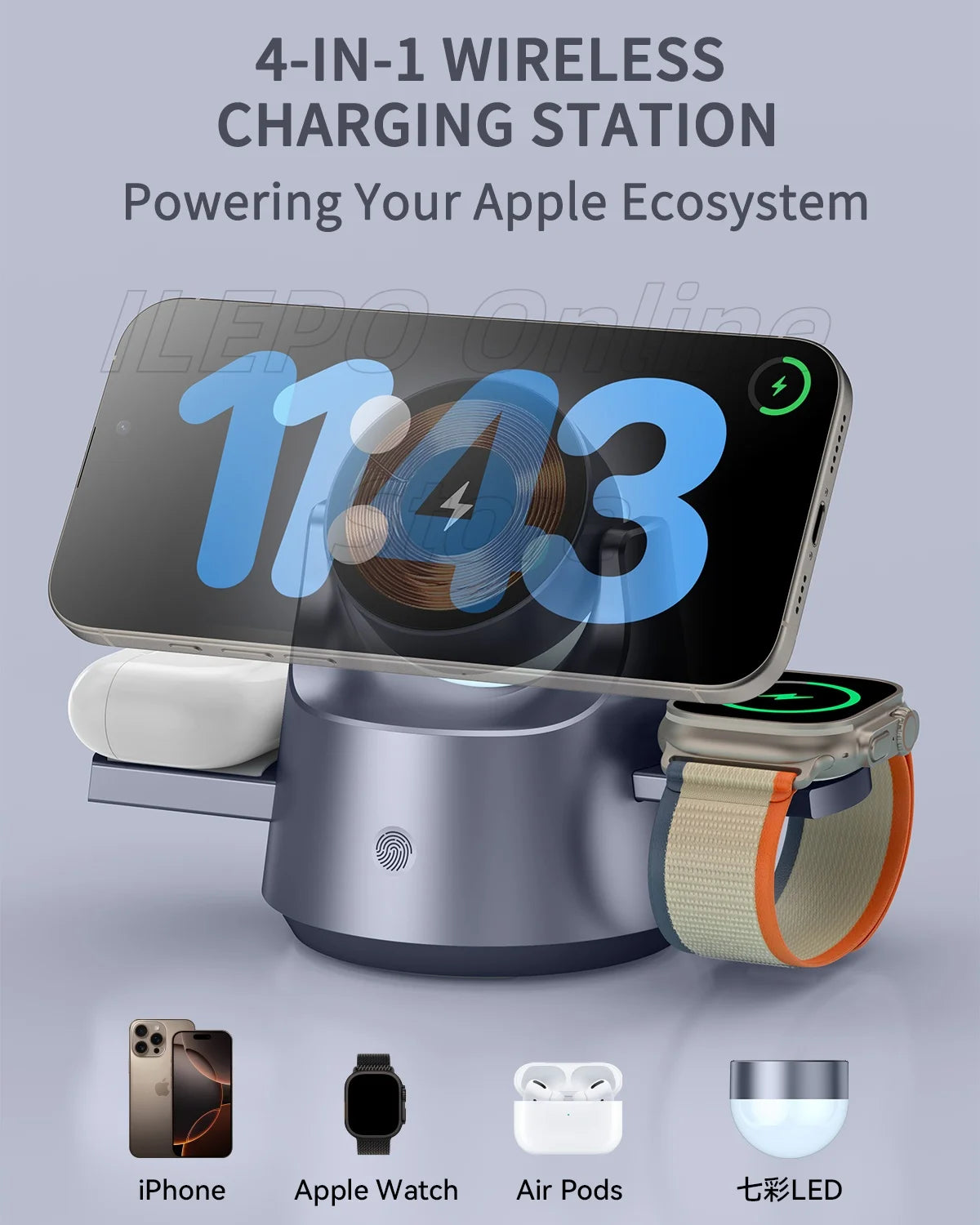 4-in-1 Wireless Charging Station With 7 RGB Colors Light 15W Fast Charging Magnetic Touch Control for iPhone 16 AirPods iWatch