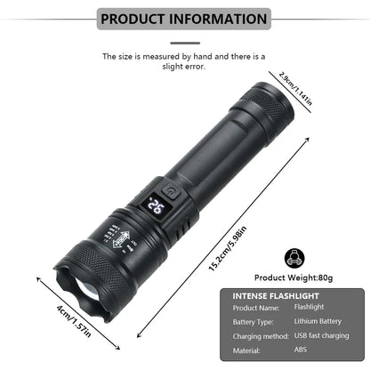 High Strong Power LED Flashlights 2000LM Tactical Torch with Display Light USB Charging.
