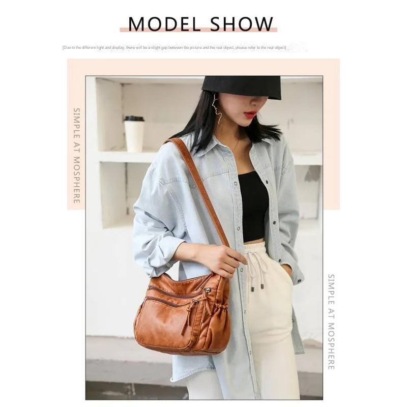 Washed leather women's bag 2024 European and American retro shoulder bag versatile large-capacity crossbody bag PU soft leather