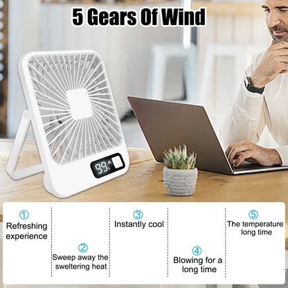 Desktop Fan Portable Fan Rechargeable  5-Speed Adjustment 180° Rotating Foldable Fan With Battery Digital Display Noise-Free Fan