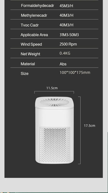 Air Purifier Smoke Odor Negative Ion Generator Household HEPA Air Purifier Efficient Purifying Air Formaldehyde for Car and Room