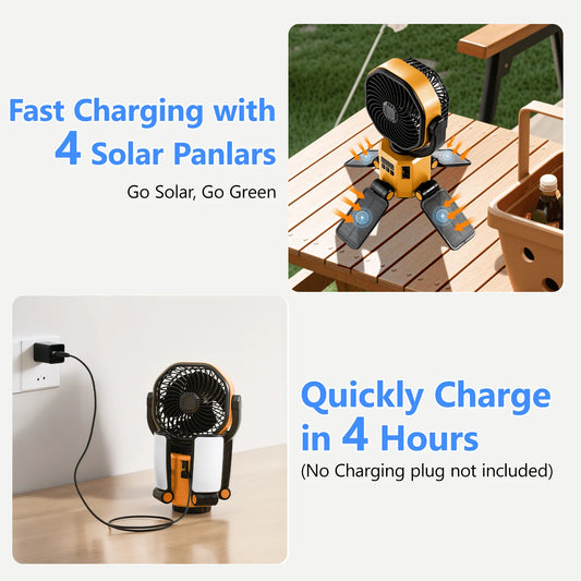 Eary Outdoor Camping Solar Fan 6000mAh Battery Powered Tent Camp Fan With Light 4 Speed Wind Adjustable Summer Air Cooling Fan