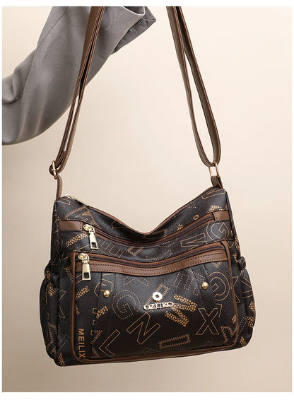 Ladies Middle-Aged Bag Large Capacity printed Work Clothing Soft Leather Multi-Pocket Cross-Body Bag Retro Shoulder Bag