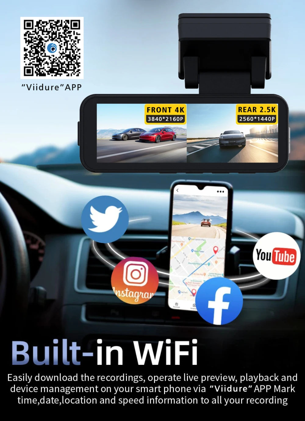 4K Dash Cam WIFI GPS Car DVR 2.5K Rear Camera Video Drive Recorder Dashcam Register Mini Black Box 24H Monitoring Night Vision