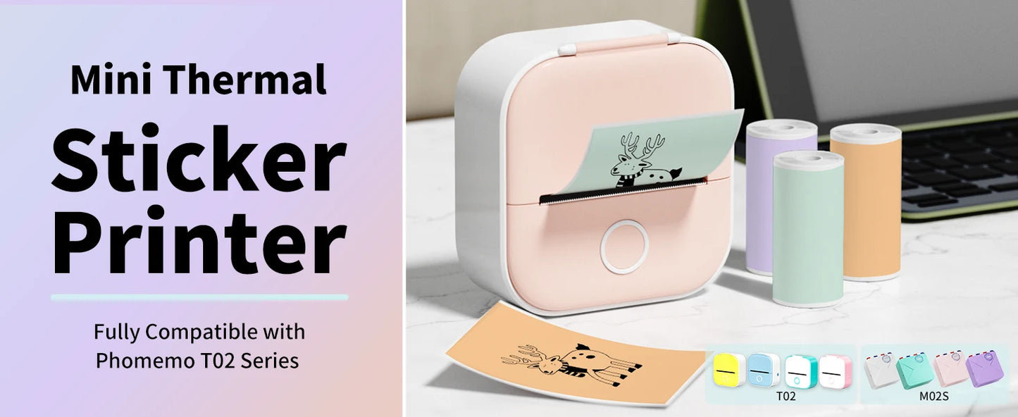 T02 Portable Printer Phomemo Mini Sticker Printer Self-adhesive Labels Inkless Sticker Printer for Journal, Notes, Photo, DIY