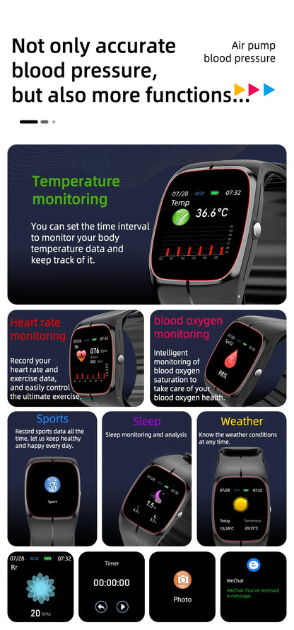 Medical Grade Smart Watch Air Pump Airbag Precise Sphygmomanometer Heart Rate Thermometer Monitor Wristband Elderly Health Watch