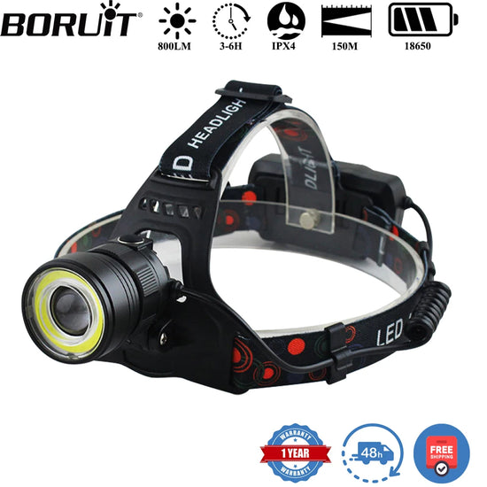 BORUiT V27 800LM Zoomable LED Headlamp Mirco USB Rechargeable Powerful COB Headlight Waterproof Camping Head Torch