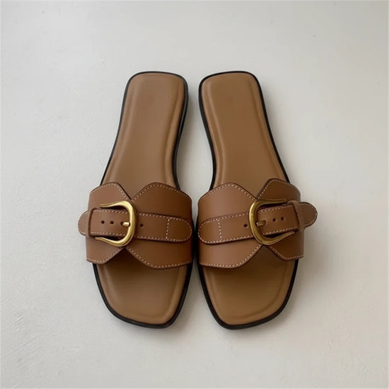 Slippers for Woman 2025 Summer Beach Flats Ladies Buckle Slides Gladiator Sandals Luxury Leather Mules