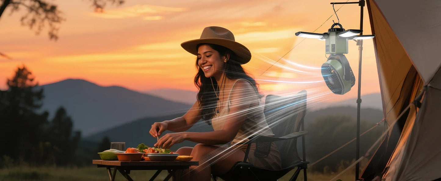 Eary Outdoor Camping Solar Fan 6000mAh Battery Powered Tent Camp Fan With Light 4 Speed Wind Adjustable Summer Air Cooling Fan