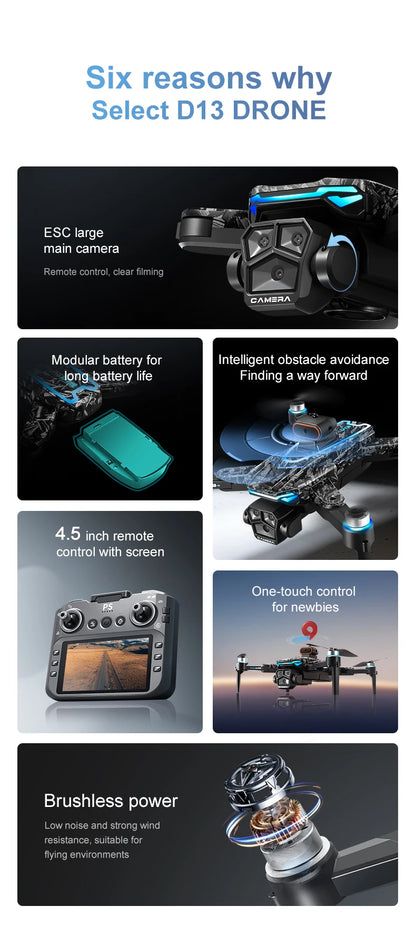 New D13 RC Drone 4K Professional HD Triple Camera 5G WIFI FPV Dron 360° Obstacle Avoidance Brushless Large Screen Quadcopter