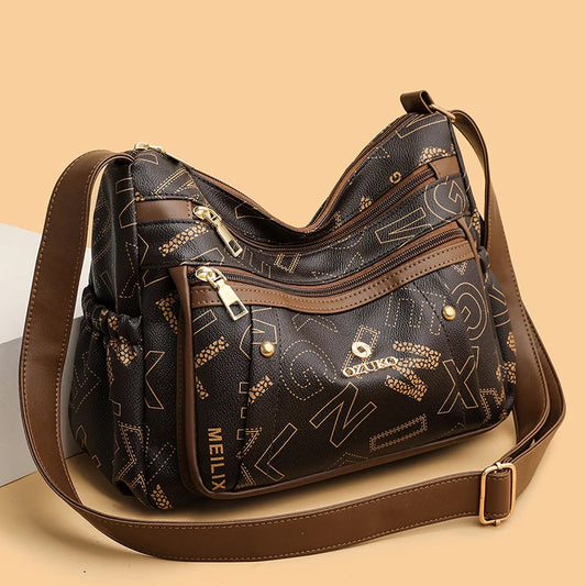 Ladies Middle-Aged Bag Large Capacity printed Work Clothing Soft Leather Multi-Pocket Cross-Body Bag Retro Shoulder Bag