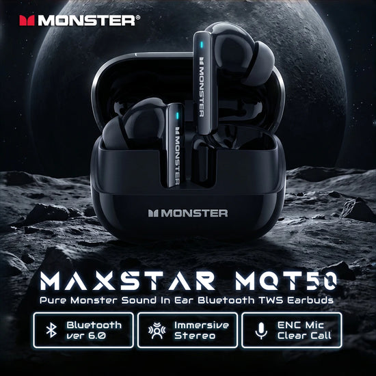Monster MQT50 Bluetooth 6.0 Sport Earbuds Powerful Deep Bass Headphones IPX4 Waterproof TWS Wireless Earphone for iPhone
