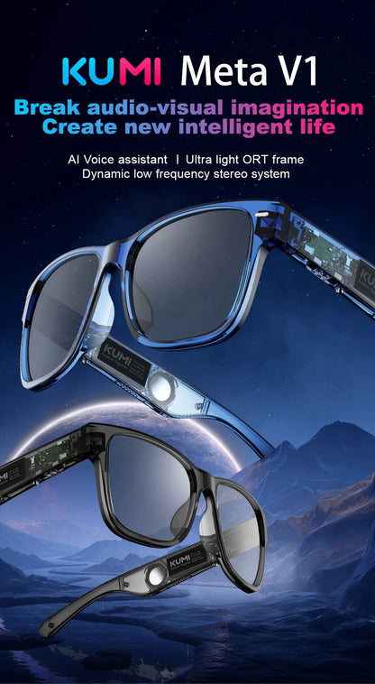 KUMI Meta V1 Smart Glasses Polarized Sunglasses Bluetooth glasses IPX4 Waterproof Open Ear Headphones AI Voice Assistant