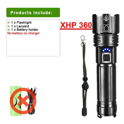 Most Powerful High Power Led flashlight 1000000LM XHP360 Rechargeable Led Flashlight Zoom Outdoor Tactical Lantern Hunting Torch