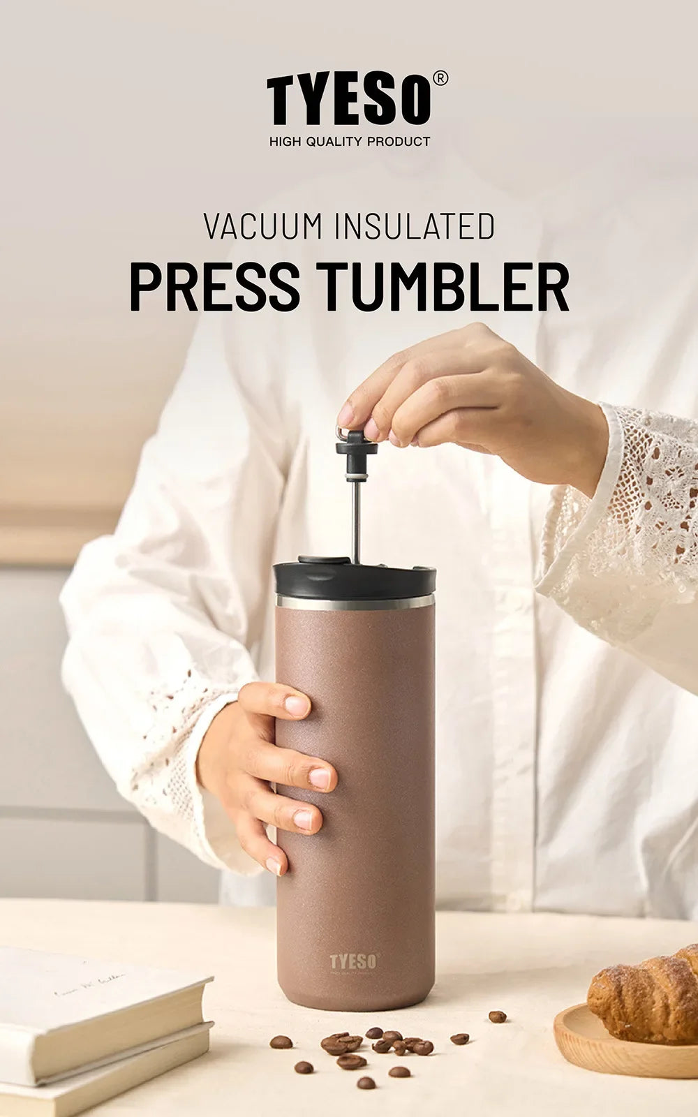 Tyeso French Press Thermoses Travel Mug 304 Stainless Steel Portable Cold Brew Coffee Maker Tea Infuser Double-Wall Insulated