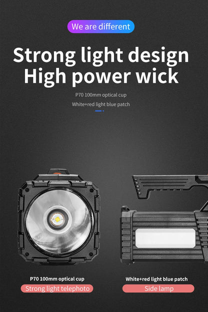 High Power Hand Lamp Solar Energy USB Rechargeable LED Flashlight Outdoor Camping Floodlight Emergency Power Torch Warning Light