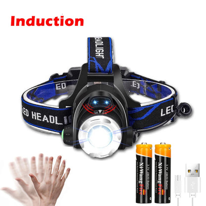Powerful LED Induction Headlamp USB/DC Rechargeable Headlight Aluminium Alloy Outdoor Waterproof Head Lamp High Lumen Head Torch
