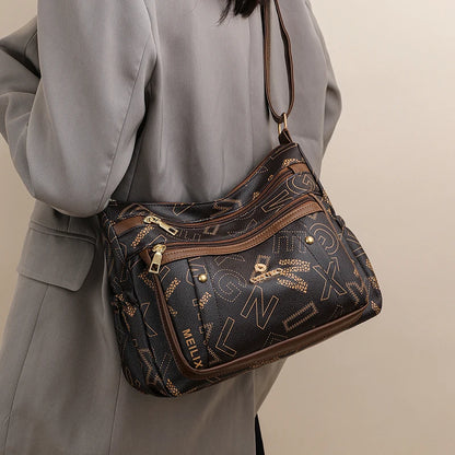 Ladies Middle-Aged Bag Large Capacity printed Work Clothing Soft Leather Multi-Pocket Cross-Body Bag Retro Shoulder Bag