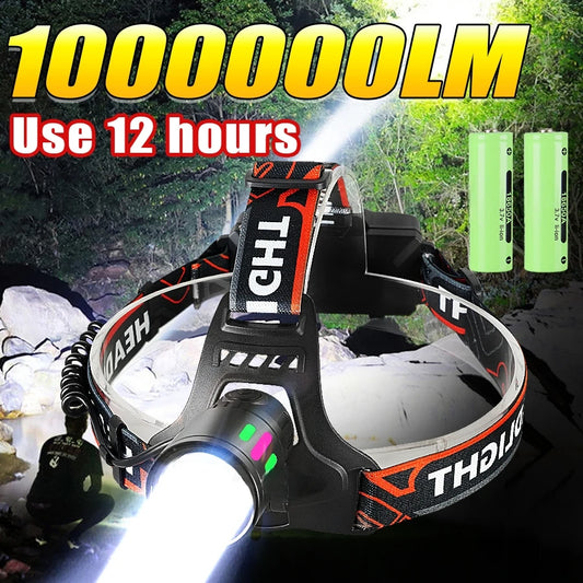 Rechargeable LED Headlamp 1000000LM Head LED Front Flashlight Most Powerful Long Range Headlight Outdoor Fishing Camping Lights