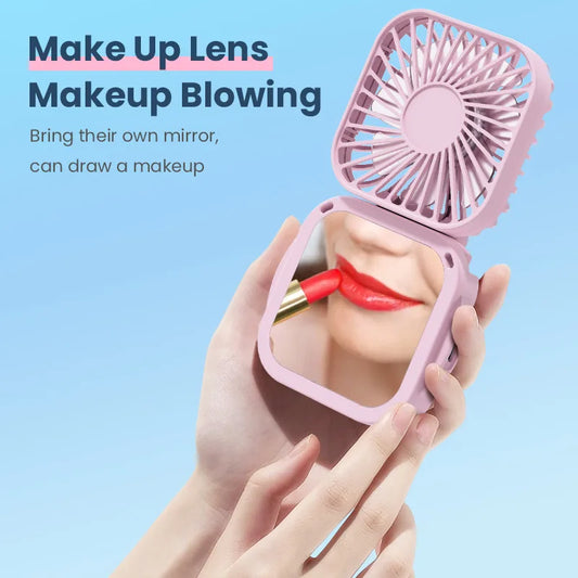 Handheld Portable Fan with Mirror, Mini Fan Small Personal Fan, 500mAh USB Rechargeable Neck Fan Foldable, Quiet Pocket Fan