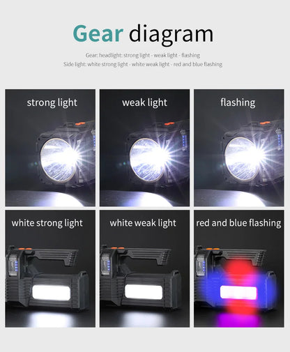 High Power Hand Lamp Solar Energy USB Rechargeable LED Flashlight Outdoor Camping Floodlight Emergency Power Torch Warning Light