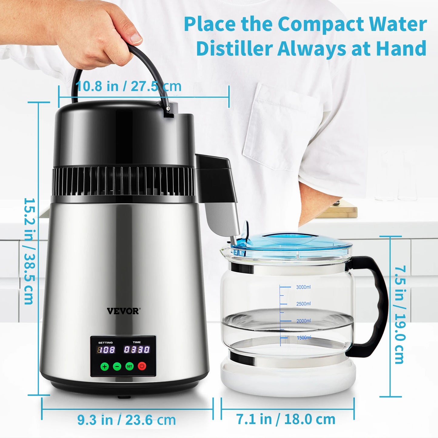 SucceBuy 4L Water Distiller Purifier Filter 1 L/H Distilling Speed Dispenser Drinking Bottle Softener Touch Screen Home Use